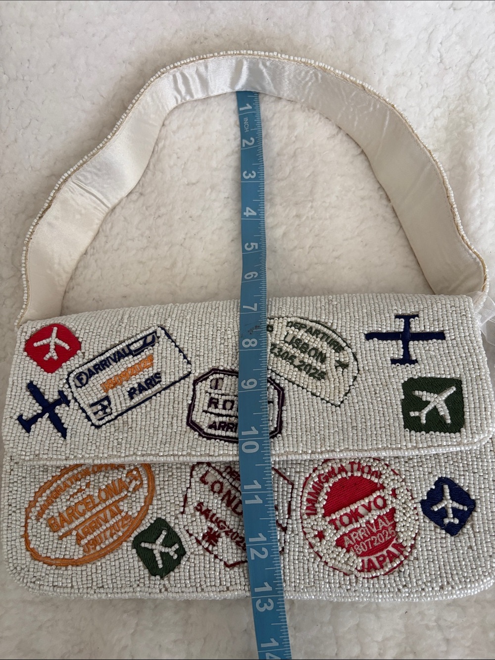 Beaded White Travel-Stamp Shoulder Bag - Picture 6 of 7